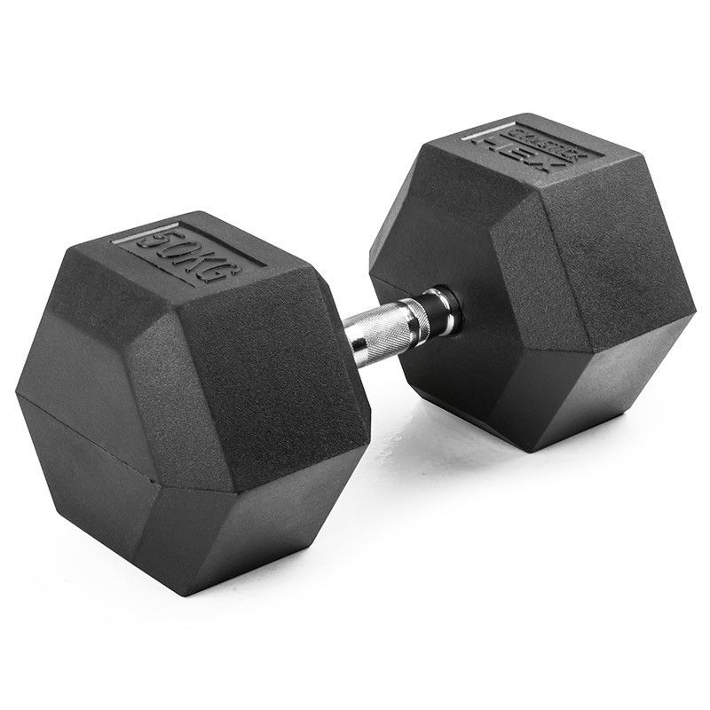 A pair of black hexagonal dumbbells with a silver metal center bar, photographed on a clean white background.