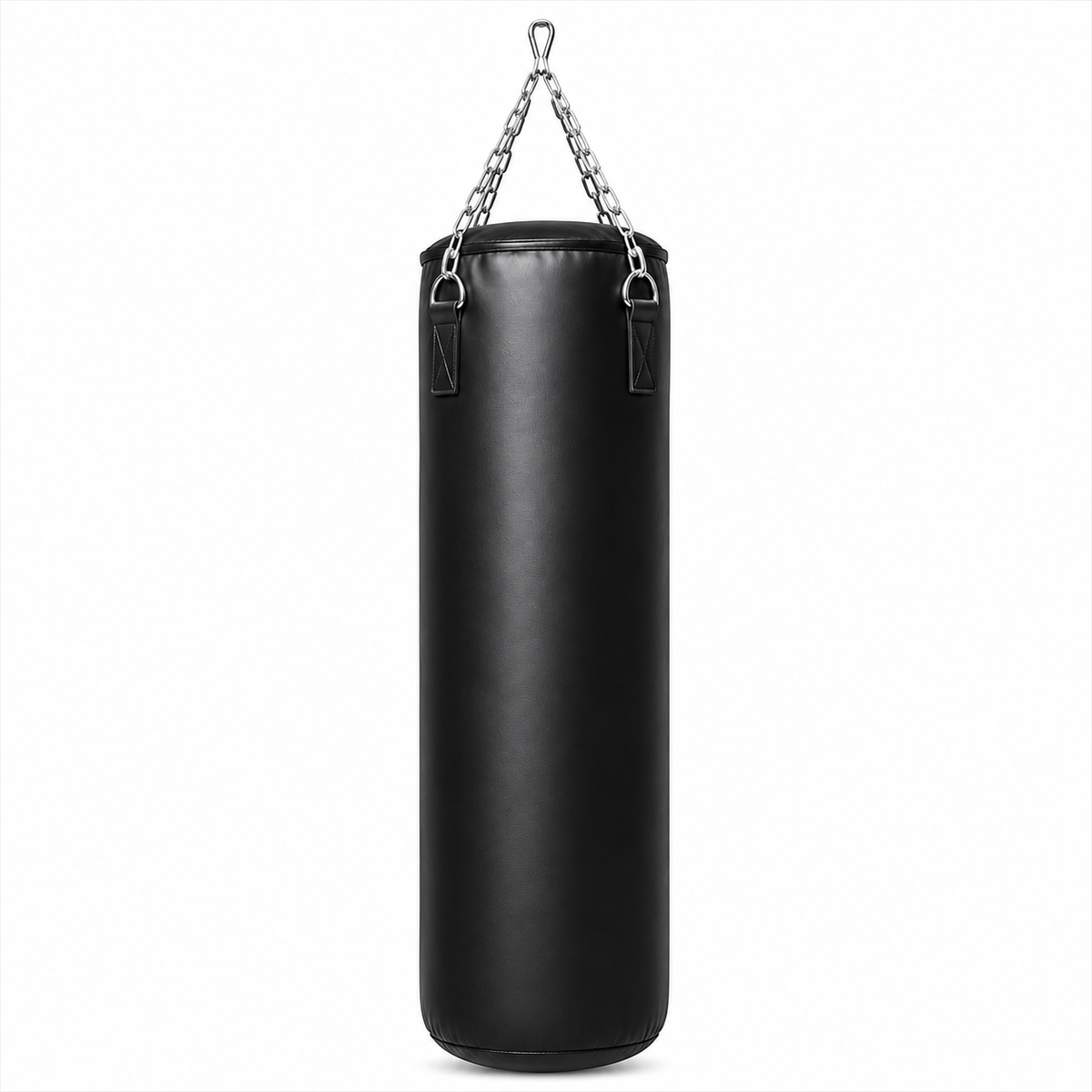 A black cylindrical heavy punching bag with a silver metal hanging chain and hooks, shown against a plain white background.