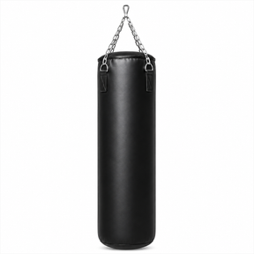 A black cylindrical heavy punching bag with a silver metal hanging chain and hooks, shown against a plain white background.
