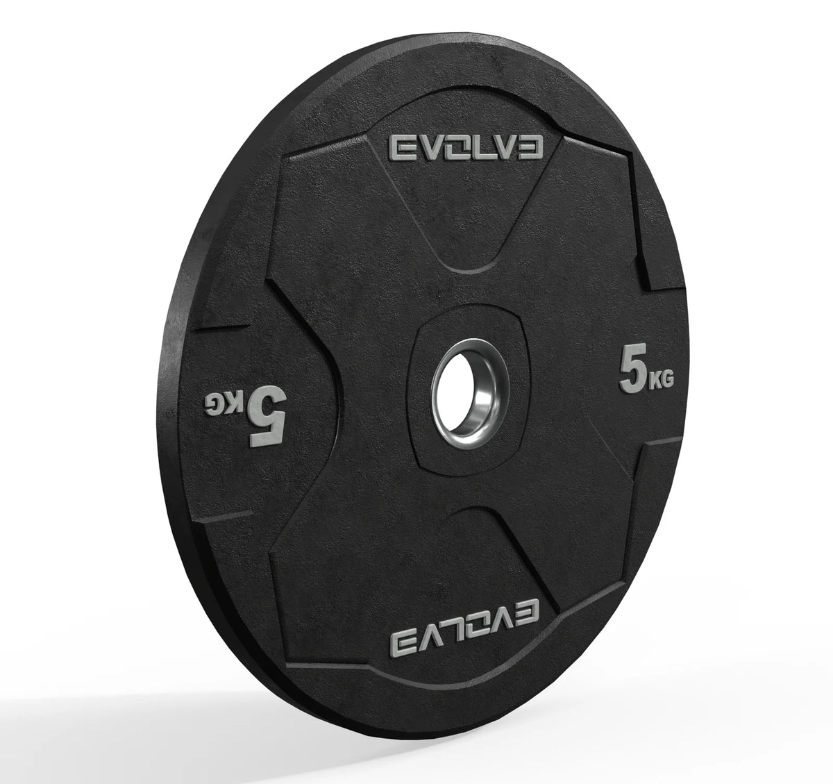 A single black 5 kg weight plate with silver branding and weight markings, shown on a clean white background.