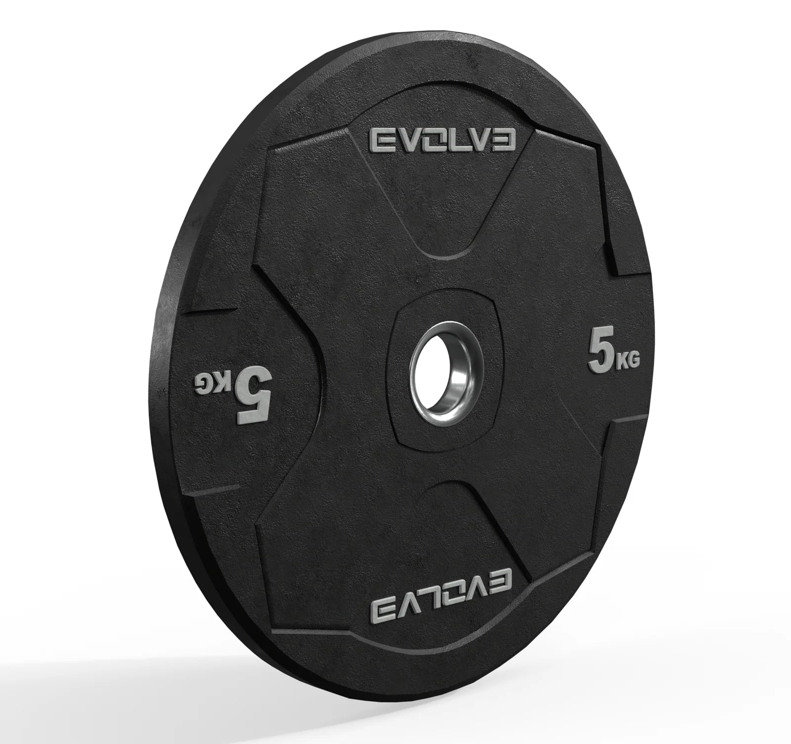 A single black 5 kg weight plate with silver branding and weight markings, shown on a clean white background.