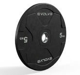 A single black 5 kg weight plate with silver branding and weight markings, shown on a clean white background.