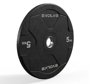 A single black 5 kg weight plate with silver branding and weight markings, shown on a clean white background.