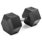 A pair of black hexagonal dumbbells with a silver metal center bar, photographed on a clean white background.
