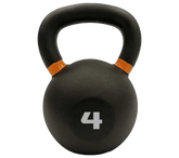 A black kettlebell with a textured rubberized surface, featuring a white printed number '4' on the front and orange painted accents at the collar of the handle, isolated on a white background.