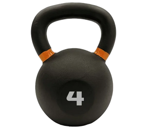 A black kettlebell with a textured rubberized surface, featuring a white printed number '4' on the front and orange painted accents at the collar of the handle, isolated on a white background.