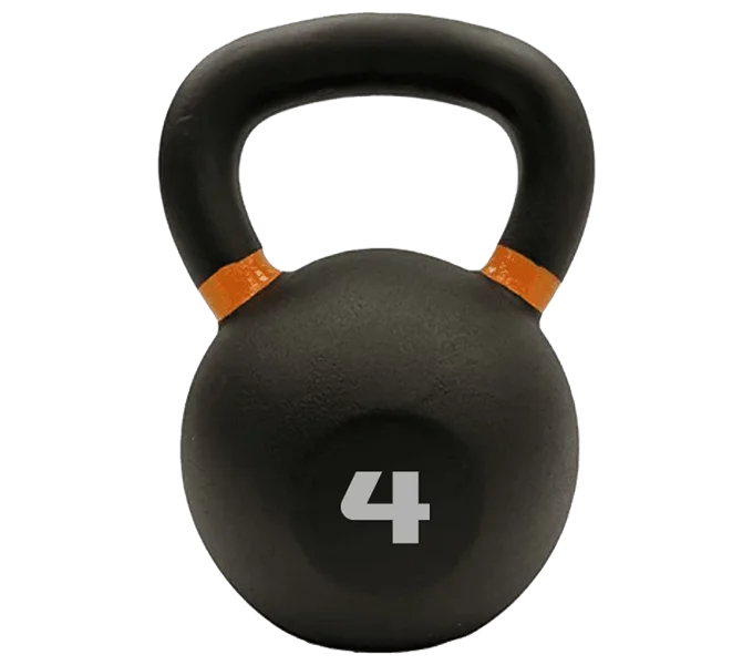 A black kettlebell with a textured rubberized surface, featuring a white printed number '4' on the front and orange painted accents at the collar of the handle, isolated on a white background.