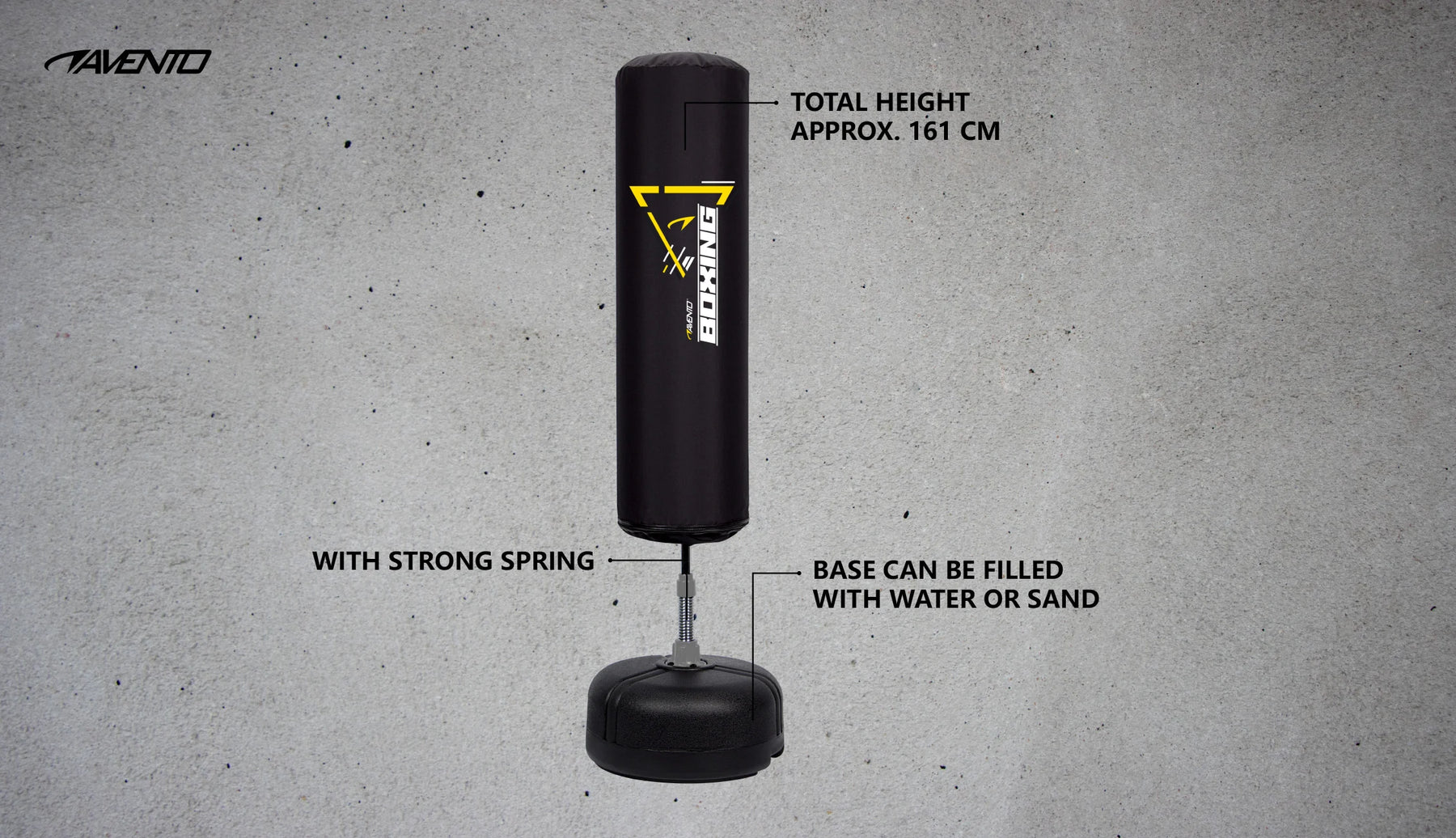 A black hanging punching bag with printed branding and text callouts showing dimensions and features, set against a textured gray background.