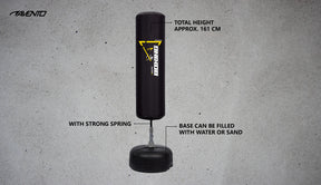 A black hanging punching bag with printed branding and text callouts showing dimensions and features, set against a textured gray background.
